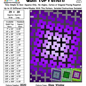 May include: A quilt pattern called "Skew Window" with a purple, black, and white color scheme. The pattern is made up of squares and is designed to be sewn with 29 squares wide and 39 squares long. The pattern number is 0020 and was designed by Sheri Rector in March 2014.