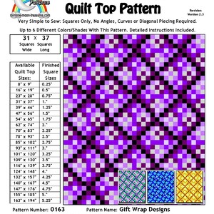 May include: A quilt pattern design called "Gift Wrap Designs" with a purple, black and white chequered pattern. The pattern is for a quilt top and includes instructions for making a quilt up to 31 inches wide and 37 inches long. The pattern is designed by Sheri Rector and is available for purchase.