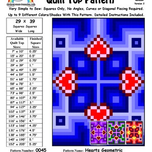May include: Hearts Geometric Quilt Top Pattern, a digital download pattern for a quilt with a geometric design featuring hearts. The pattern is for a quilt top that measures 74 cm wide by 99 cm long. The pattern is available in various sizes, from 18 cm by 25 cm to 386 cm by 521 cm. The pattern is designed by Sheri Rector.