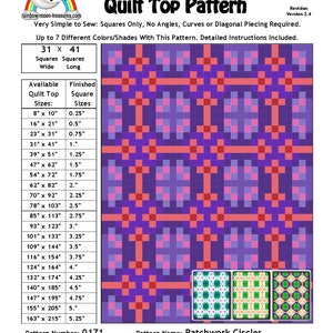 May include: Patchwork Circles Quilt Top Pattern, a digital download pattern for a quilt top with a geometric design. The pattern uses squares and circles to create a colorful design. The pattern is available in a variety of sizes, from 8 inches by 10 inches to 163 inches by 215 inches. The pattern is designed by Sheri Rector.