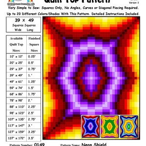 May include: Neon Shield Quilt Top Pattern, a digital download pattern for a quilt top with a geometric design. The pattern is made up of squares in shades of red, orange, yellow, purple, and blue. The pattern is available in sizes ranging from 10 inches by 12 inches to 137 inches by 172 inches. The pattern is designed by Sheri Rector and is available for purchase on Rainbow Moon Treasures.