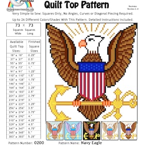 May include: A digital pattern for a quilt featuring a navy blue eagle with an anchor and a red, white, and blue shield. The pattern is called "Navy Eagle" and is designed for squares only. The pattern is available in sizes ranging from 46 cm to 973 cm.