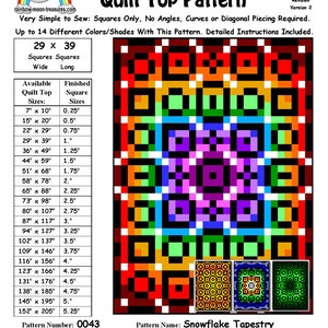 May include: A colorful quilt pattern called "Snowflake Tapestry" with a grid of 29 squares by 39 squares. The pattern is designed to be sewn with squares only, and the finished quilt top will vary depending on the fabric choices. The pattern number is 0043 and the designer is Sheri Rector. The pattern was designed on April 6, 2014. The copyright is 2014-2016, Rainbow Moon Treasures & Rainbow Moon Patterns.