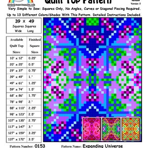 May include: A quilt pattern called "Expanding Universe" with a colorful geometric design. The pattern is for a quilt top that is 39 inches wide and 49 inches long. The pattern is designed by Sheri Rector and is available for purchase.