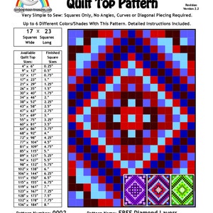 May include: A free quilt pattern for a diamond layer quilt top. The pattern is for a quilt measuring 17 inches wide by 23 inches long. The pattern uses squares only and includes instructions for sewing a quilt top with up to six different colours. The pattern is designed by Sheri Rector.