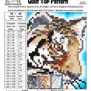Puede incluir: Un patrón de acolchado para un diseño de tigre. El patrón se llama "Tiger Looks" y está diseñado por Sheri Rector. El patrón es para una parte superior de acolchado que mide 96,5 cm de ancho por 121,9 cm de largo. El patrón incluye instrucciones para hacer una parte superior de acolchado con 24 colores o tonos diferentes. El patrón está disponible en una variedad de tamaños, desde 25,4 cm por 30,5 cm hasta 508 cm por 640 cm.