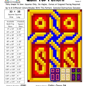 May include: Celtic Cross 04 Quilt Top Pattern, a digital download for a quilt pattern. The pattern is for a quilt top with a red, yellow, blue, and purple color scheme. The pattern is 30 squares wide and 38 squares long. The pattern is available in a variety of sizes, from 8 inches by 10 inches to 135 inches by 171 inches. The pattern was designed by Sheri Rector on March 12, 2015.