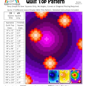 May include: Off Centre Circles Quilt Top Pattern, a digital quilt pattern featuring a colourful geometric design. The pattern is available in a range of sizes, from 10 inches by 12 inches to 205 inches by 257 inches. The pattern is designed for squares only and requires no angles, curves or diagonal piecing. The pattern includes detailed instructions and is suitable for up to 17 different colours or shades.
