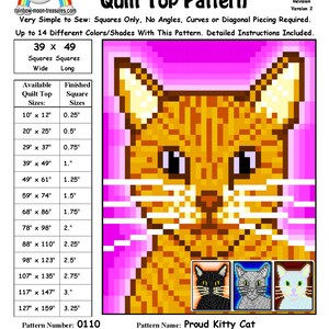 May include: A quilt pattern featuring a proud kitty cat against a pink background. The pattern is made up of squares and is available in a range of sizes. The pattern is designed by Sheri Rector and is available for purchase from Rainbow Moon Treasures.