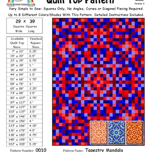 May include: A quilt pattern chart with the title "Tapestry Mandala Quilt Top Pattern". The chart shows the size of the quilt top in inches and the corresponding size of the squares in inches. The pattern is for a quilt top with 29 squares wide and 39 squares long. The pattern is designed by Sheri Rector and is available from Rainbow Moon Treasures and Rainbow Moon Patterns.