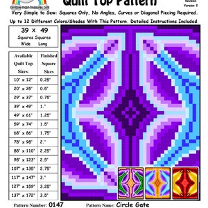 May include: A quilt pattern called "Circle Gate" with a colorful geometric design. The pattern is made up of squares and is available in a variety of sizes, from 10 inches by 12 inches to 137 inches by 172 inches. The pattern was designed by Sheri Rector and is available for purchase from Rainbow Moon Treasures.