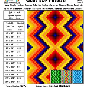 May include: Zig Zag Rainbows Quilt Top Pattern, a digital download pattern for a quilt top with a geometric design in red, yellow, blue, and black squares. The pattern is available in various sizes, from 25 cm by 30 cm to 348 cm by 437 cm. The pattern is designed by Sheri Rector and is available for purchase on Rainbow Moon Treasures.