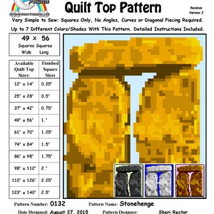 Peut inclure: Un modèle de courtepointe pour un dessus de courtepointe Stonehenge. Le motif est composé de carrés et est disponible dans une variété de tailles, de 30 cm sur 35 cm à 312 cm sur 355 cm. Le motif est conçu par Sheri Rector et est protégé par le droit d'auteur 2014-2016, Rainbow Moon Treasures & Rainbow Moon Patterns.