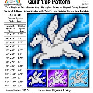 May include: A quilt pattern featuring a Pegasus flying, with blue, white and purple colours. The pattern is called "Pegasus Flying" and is designed by Sheri Rector. The pattern number is 0016 and the date designed is 14 January 2015.