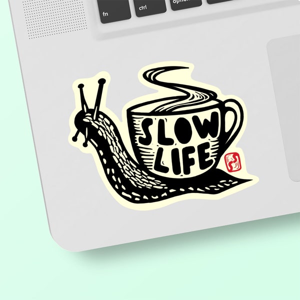 2 3/4" Slow Life | snail | coffee cup | blockprint | Vinyl Sticker