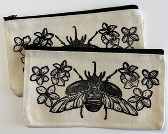 Blockprinted Pouch Rhinoceros Beetle Jasmine Flowers Zipper Pouch  Coin Purse Supply Bag Pencil Bag