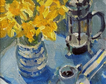 Painting - Original Painting of Daffodils, French Press and Coffee 6x6 on canvas unframed