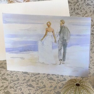 5 x 7 ビーチの花嫁と花婿の結婚式カード。滑らかなシルクコーティングされたカード用紙に印刷されています。