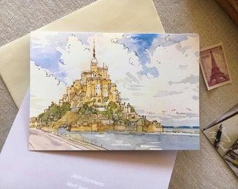 5”x7” card made from my original watercolor of Mont Saint-Michel. Ecru envelope.