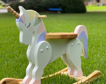 Wooden Unicorn Rocking Horse For Toddler Montessori Rocker Ride On Toy Baby Shower Gift Kids Room Decor Nursery Decoration