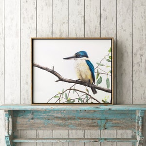 May include: A framed watercolour painting of a blue-winged kooka bird perched on a branch with green leaves. The bird is facing to the right and has a white chest and a long, thin beak.