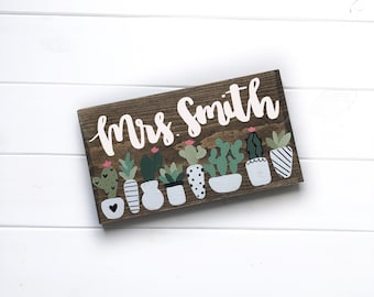 Personalized teacher sign- custom teacher name sign- teacher name door hanger- cactus classroom- cactus teacher name sign- classroom sign