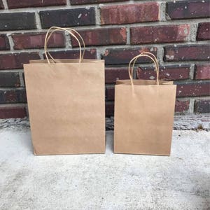 May include: Two brown paper bags with handles. The larger bag is in the background and the smaller bag is in the foreground.