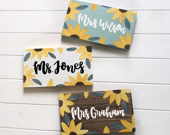 Teacher classroom sign- personalized name sign teacher desk sign- teacher door sign- sunflower classroom sunflower teacher name sign custom