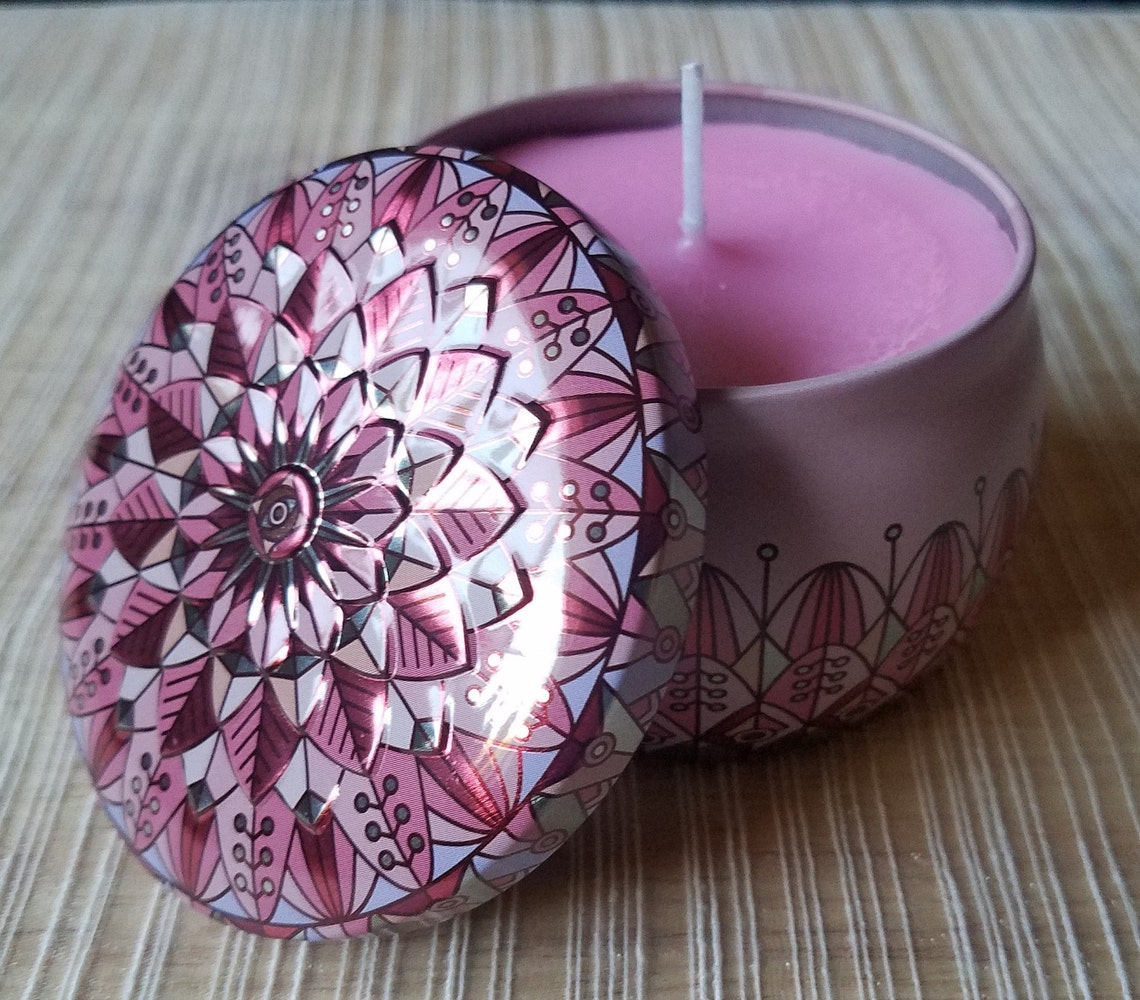 Hand crafted Pink Candle in Decorative Tin Etsy