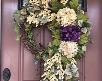 Summer Wreath, Purple Hydrangea Wreath, Grapevine Wreath, Front Door Wreath, Elegant Wreath