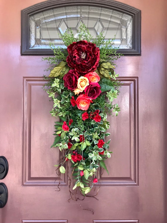 Red Spring Swags For Door Vertical Wreath Teardrop Swag Red Etsy