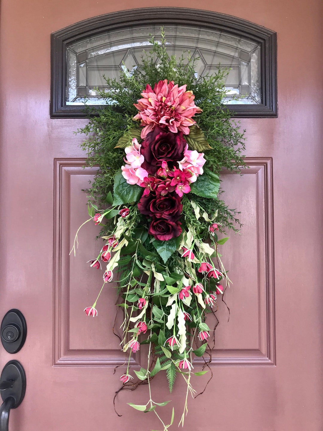Wreath Swag, Teardrop Door Swag, Front Door Decor, Burgundy Door Swag, Vertical Teardrop Swag