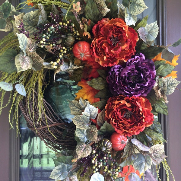 Fall Wreath. Autumn Wreath, Elegant Wreath, Front Door Wreath, Peony Wreath, Grapevine Wreath