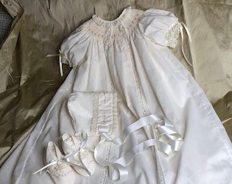 Delicate Bishop Christening Gown with Petticoat, Bonnet and Bootees