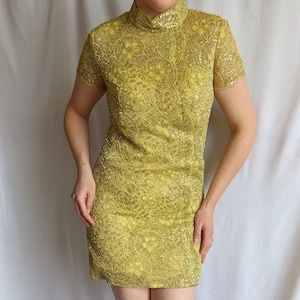 Vintage 1960s Gold Cheongsam Style Mini Dress