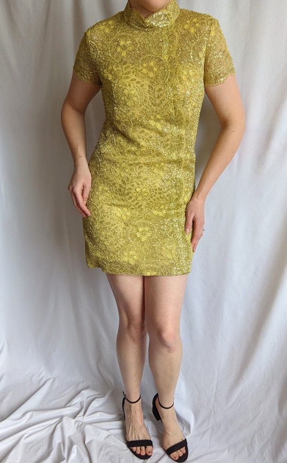 Vintage 1960s Gold Cheongsam Style Mini Dress