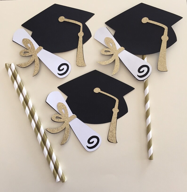 GOLD GRADUATION HAT centerpiece picks glittery gold white Etsy