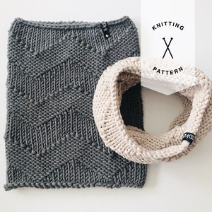 May include: Two knitted neck warmers, one gray and one beige, with a simple geometric pattern. The gray neck warmer has a more intricate pattern than the beige one. The image includes the text "Knitting Pattern" with a pair of knitting needles crossed.