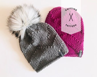 ニットパターン | バイナリービーニーニットパターン | 初心者向けニットパターン | PDF ダウンロード | ニットビーニー | ニット帽パターン | シェブロンパターン