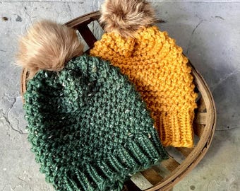 Knitted Slouchy Hat with Removable Faux Fur Pom