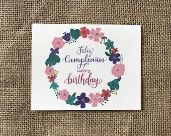 Happy Birthday in Spanish Handlettered and Handdrawn Greeting Card (feliz cumpleaños)