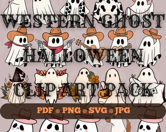 Westerse Halloween PNG-bundel | Cowboy Ghost SVG-bundel | Landgeesten | Retro Halloween-clipartpakket | Pdf | JPG
