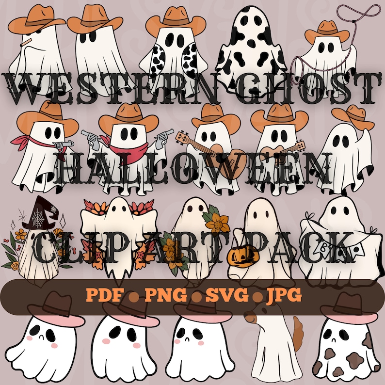 May include: A set of 15 Western Ghost Halloween clipart images. The ghosts are wearing cowboy hats and have different accessories, such as a lasso, a guitar, and a gun. The images are in a variety of poses and expressions. The text "WESTERN GHOST HALLOWEEN CLIPART PACK" is at the top of the image. The text "PDF PNG SVG JPG" is at the bottom of the image.