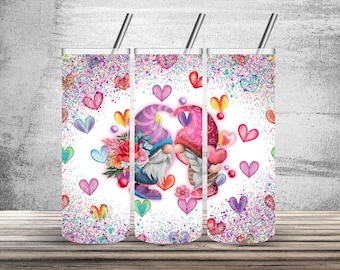 Kissing gnomes tumbler design, hearts and gnomes, downloadable sublimation design, 20 oz skinny straight tumbler design, PNG
