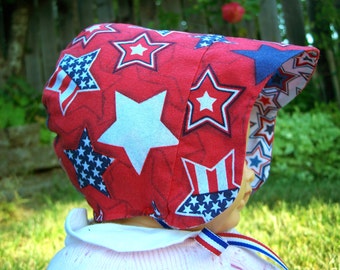 Reversible Patriotic Bonnet, Sparkle Stars + Chevrons, 6-12 months, ready to ship