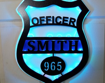 Custom Police Badge Name Sign | Thin Blue Line LED Wall Art
