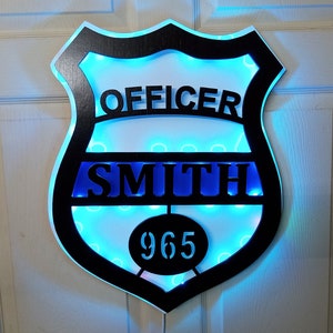 Police Badge Name Sign | 21.5&quot; Custom Thin Blue Line Wall Art | Personalized Officer Gift | LED or Non-Lighted | Law Enforcement Deco