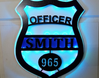 Personalized Police Badge Name Sign | Thin Blue Line LED Wall Art