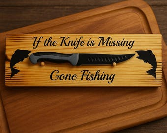 Gone Fishing Knife Wood Sign – Rustic Fisherman Wall Art