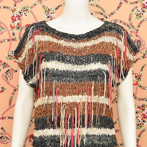 WOVEN LEATHER BLOUSE m l xl 80s vintage Brown black beige striped top red Fringe crochet knit shirt hippie Medium extra Large